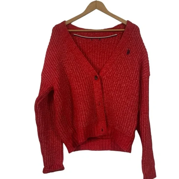 U.S Polo Association Red Knit Cable Cardigan Sweater - Picture 4 of 10